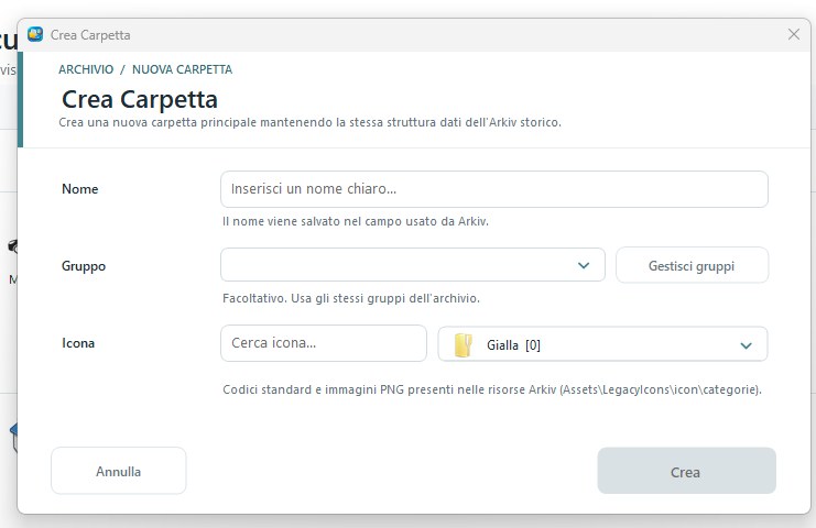 Finestra per creare una nuova Carpetta in Arkiv