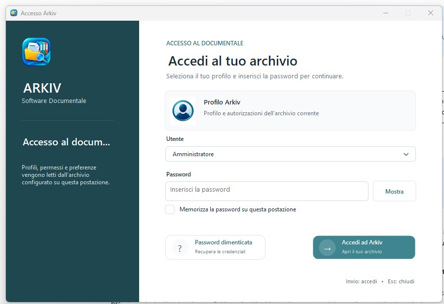 Schermata Accesso Arkiv