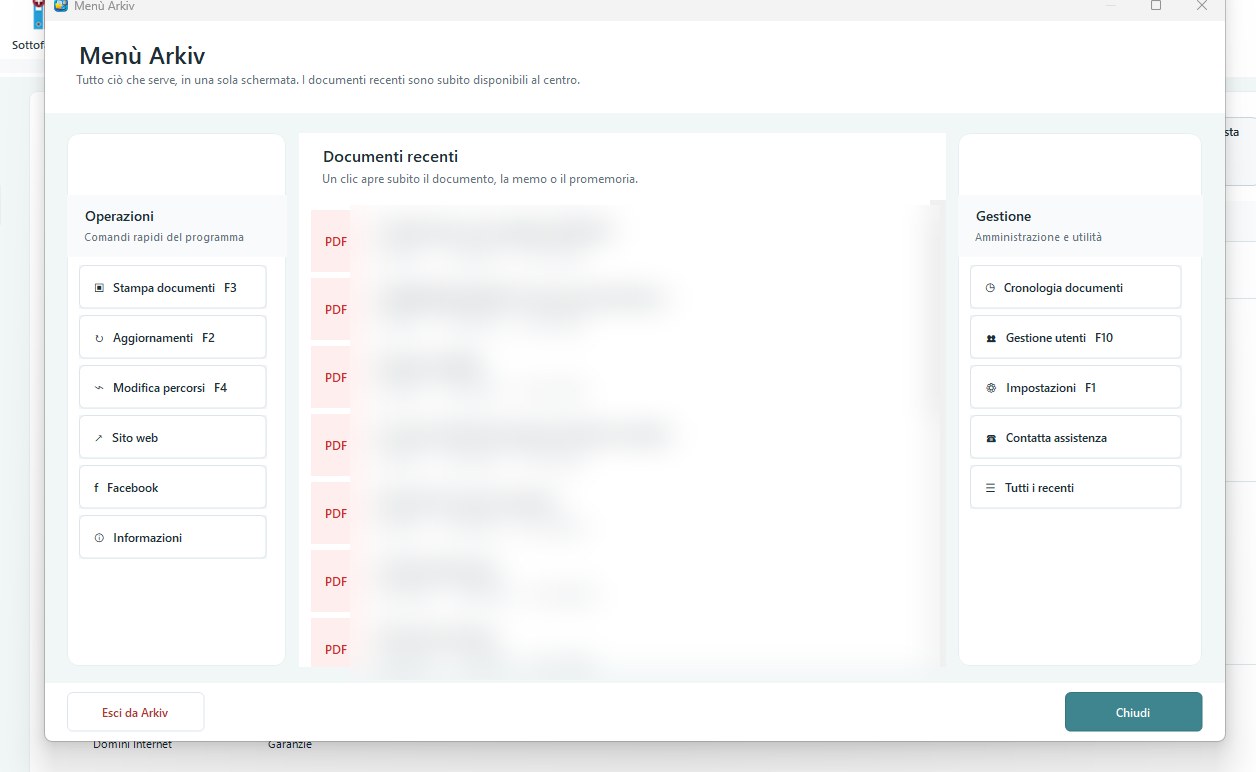 Menu Arkiv con documenti recenti