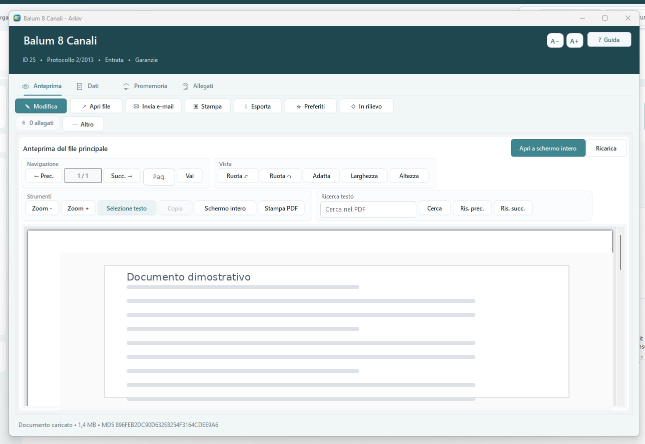 Visualizzazione di un documento in Arkiv